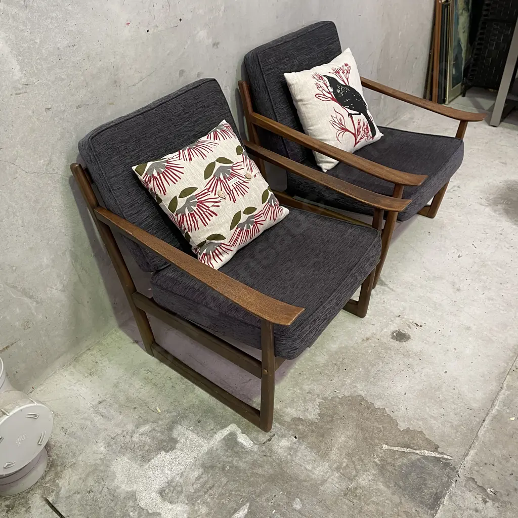 Stunning 1960's Mid Century Pair of Teak? Armchairs. Peter Hvidt & Orla Molgaard-Neilsen Design. Grey fabric squabs Image 1++