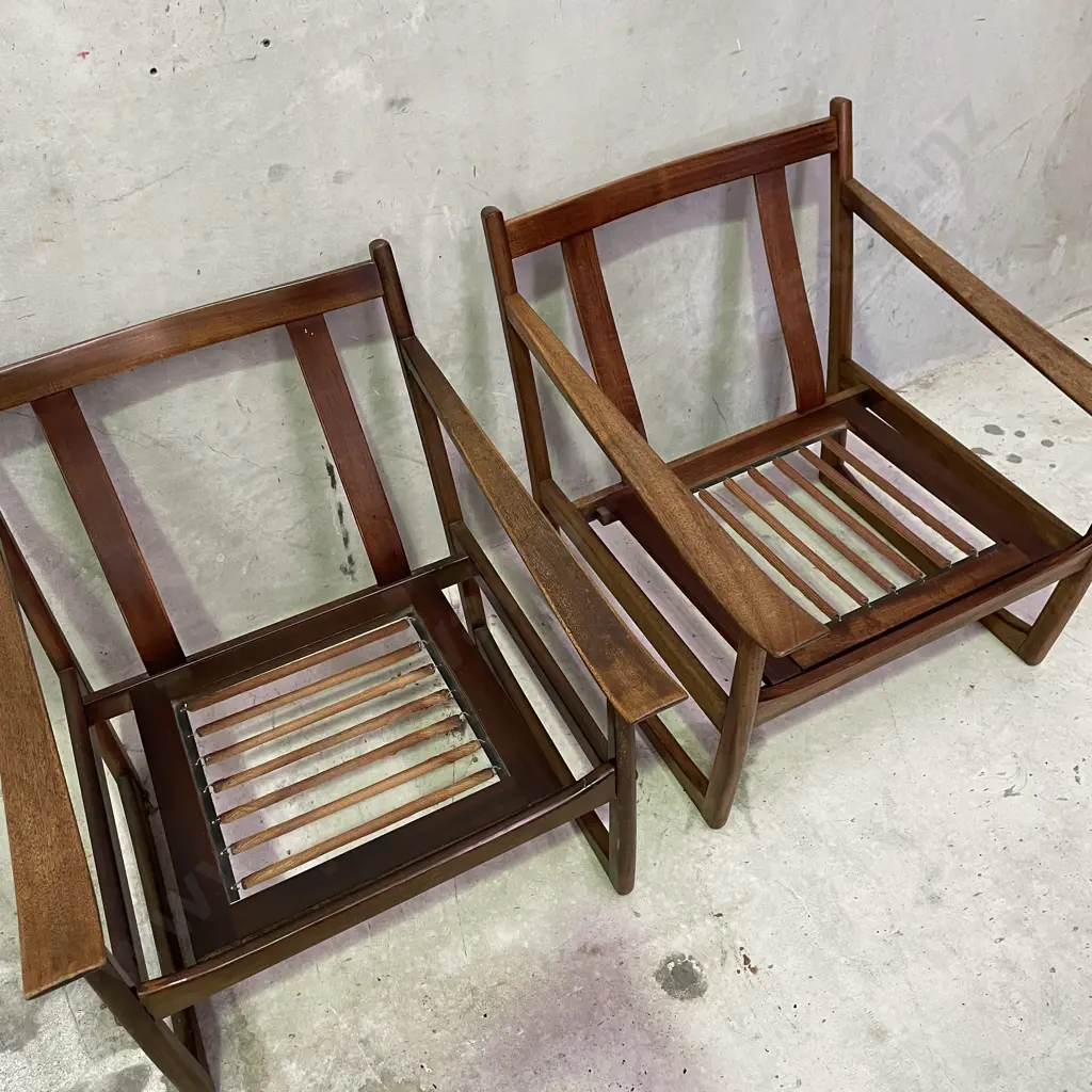 Stunning 1960's Mid Century Pair of Teak? Armchairs. Peter Hvidt & Orla Molgaard-Neilsen Design. Grey fabric squabs Image 1++