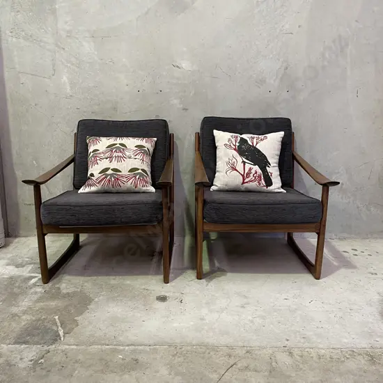 Stunning 1960's Mid Century Pair of Teak? Armchairs. Peter Hvidt & Orla Molgaard-Neilsen Design. Grey fabric squabs