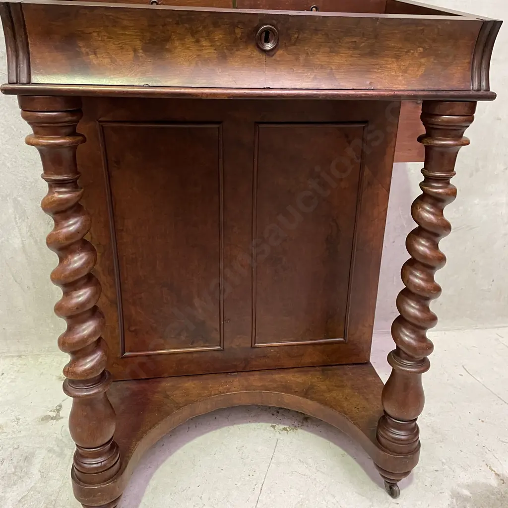 Antique Burr Walnut Writing Desk, Lift up top, Turned legs, Carved detail on castors Image 1++