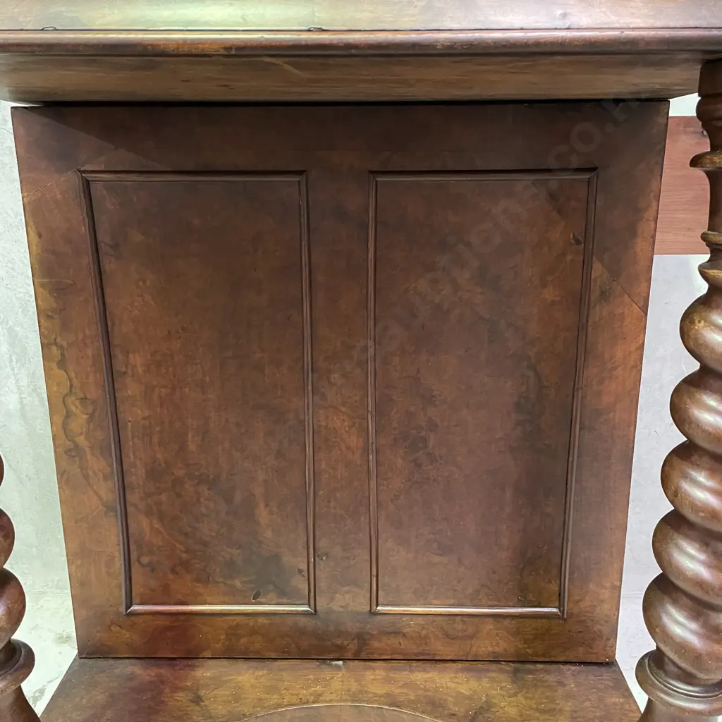 Antique Burr Walnut Writing Desk, Lift up top, Turned legs, Carved detail on castors Image 1++