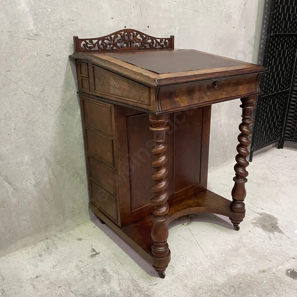 Antique Burr Walnut Writing Desk, Lift up top, Turned legs, Carved detail on castors Image 1++