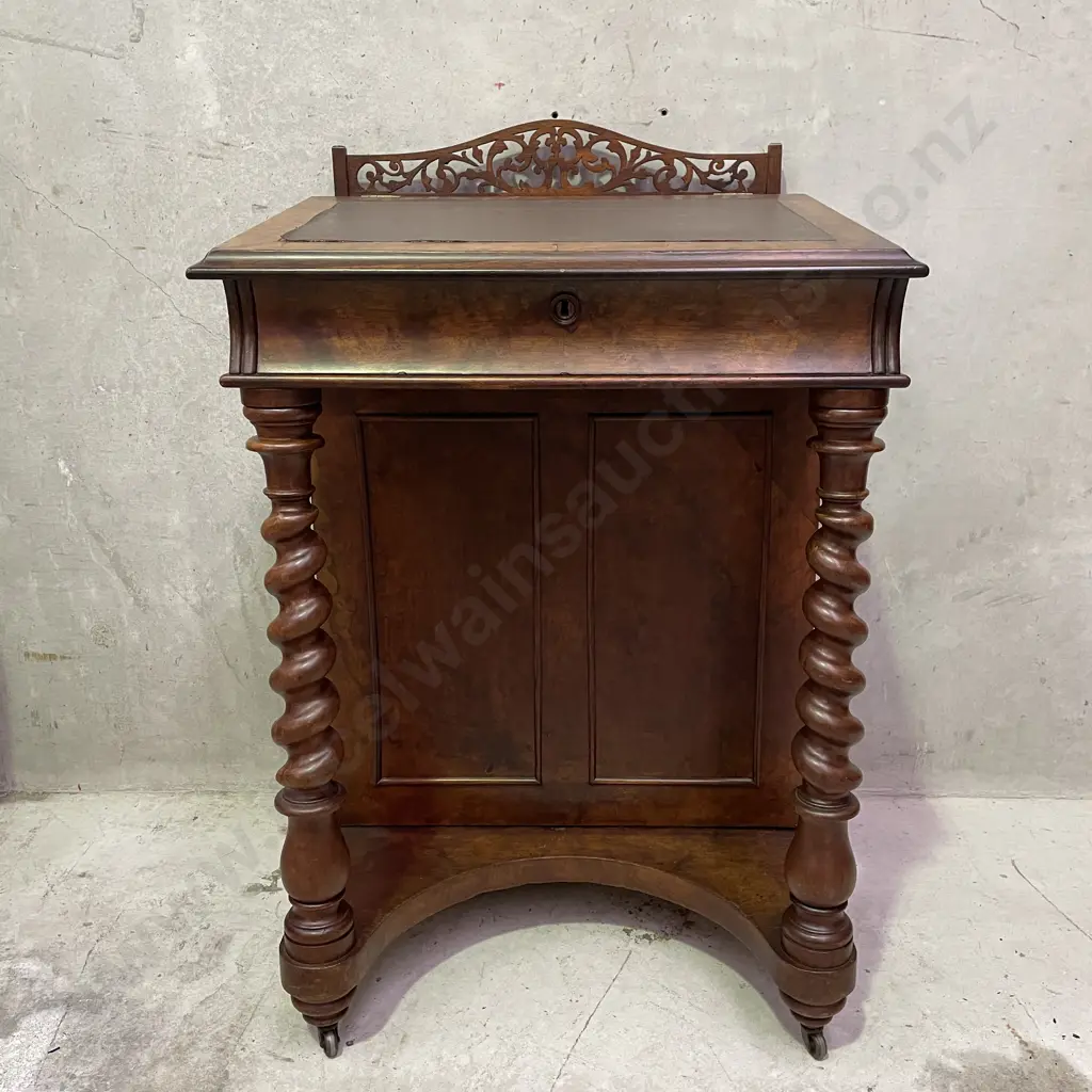 Antique Burr Walnut Writing Desk, Lift up top, Turned legs, Carved detail on castors Image 1++