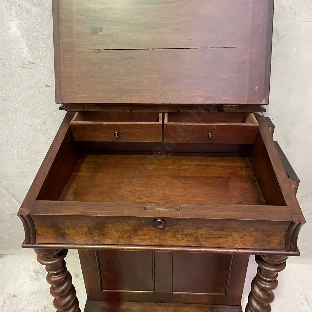 Antique Burr Walnut Writing Desk, Lift up top, Turned legs, Carved detail on castors Image 1++