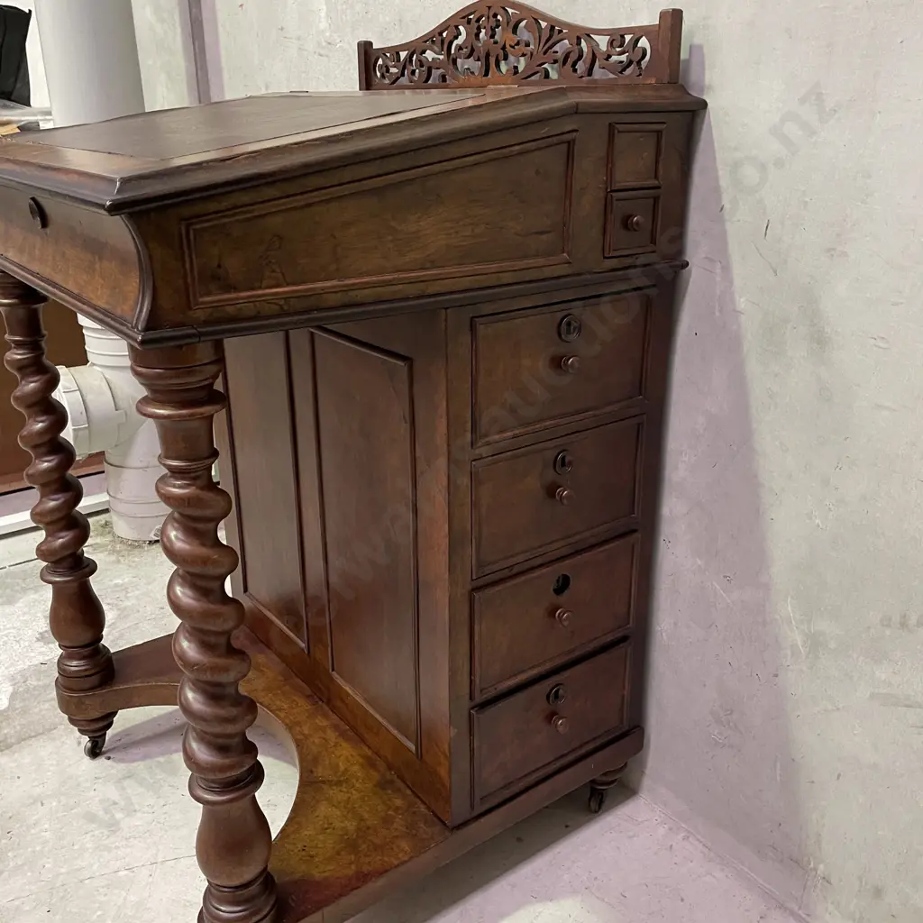 Antique Burr Walnut Writing Desk, Lift up top, Turned legs, Carved detail on castors Image 1++