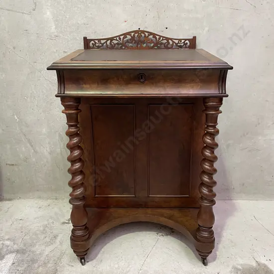 Antique Burr Walnut Writing Desk, Lift up top, Turned legs, Carved detail on castors
