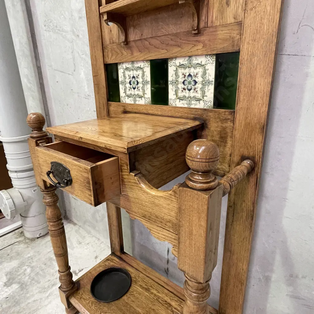 Stunning Vintage Solid Oak Hall/Umbrella/Coat Stand. Excellent condition with mirror, carved detail and tiled back. Image 1++