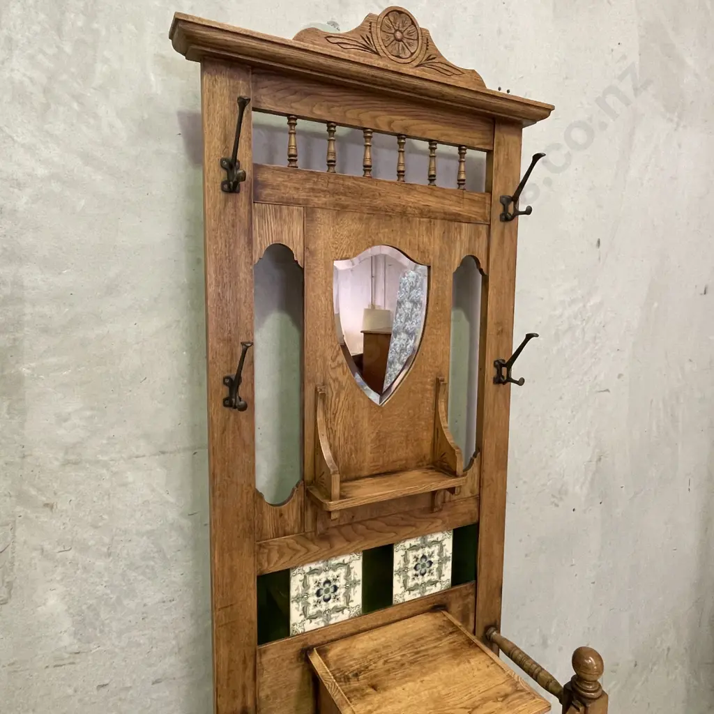 Stunning Vintage Solid Oak Hall/Umbrella/Coat Stand. Excellent condition with mirror, carved detail and tiled back. Image 1++
