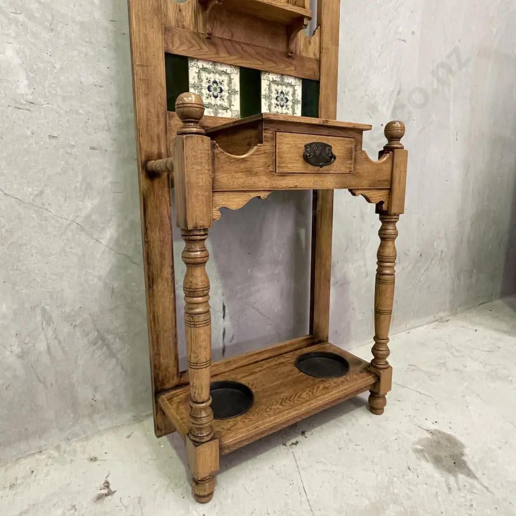Stunning Vintage Solid Oak Hall/Umbrella/Coat Stand. Excellent condition with mirror, carved detail and tiled back. Image 1++