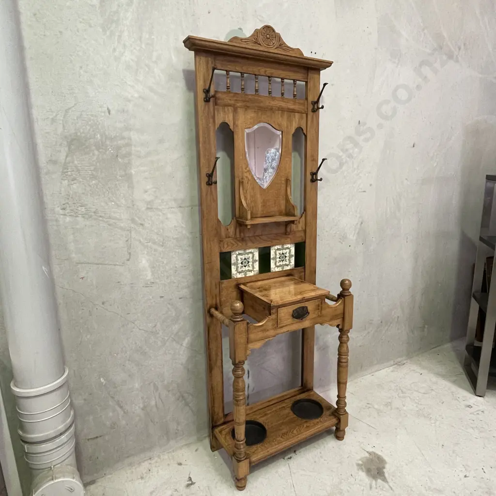 Stunning Vintage Solid Oak Hall/Umbrella/Coat Stand. Excellent condition with mirror, carved detail and tiled back. Image 1++