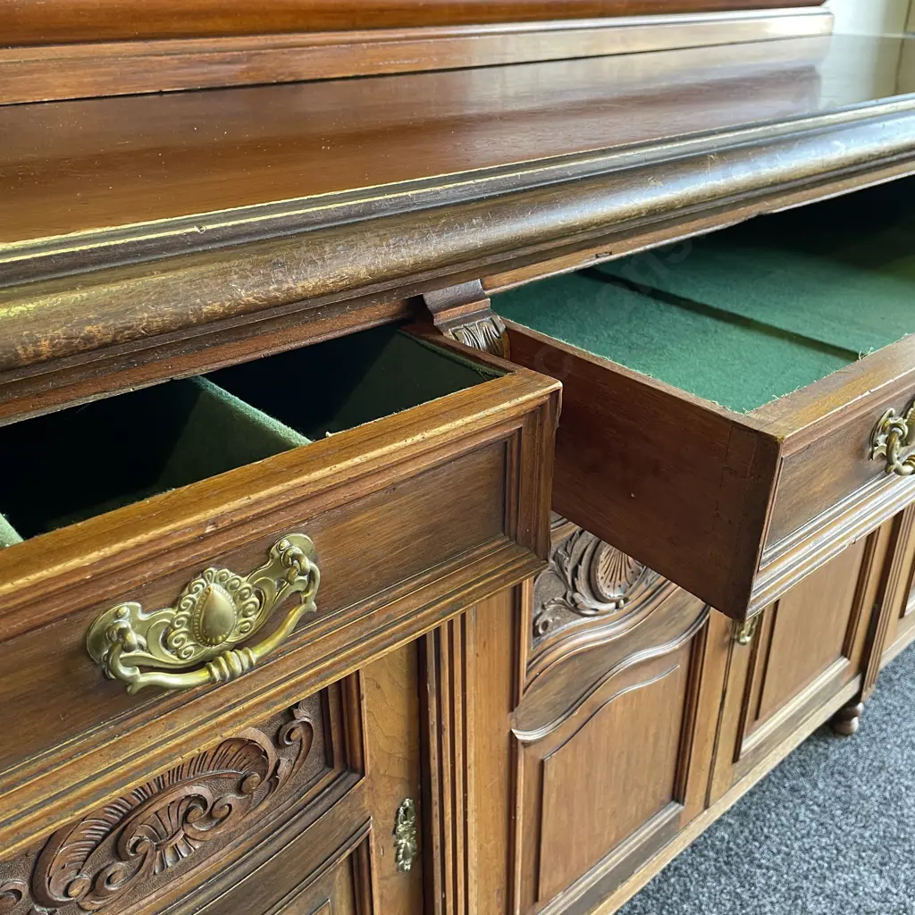 Stunning Antique Solid Wood 3 Drawer 4 Door Buffet/Sideboard. Ornately carved, brass handles with Key Image 1++