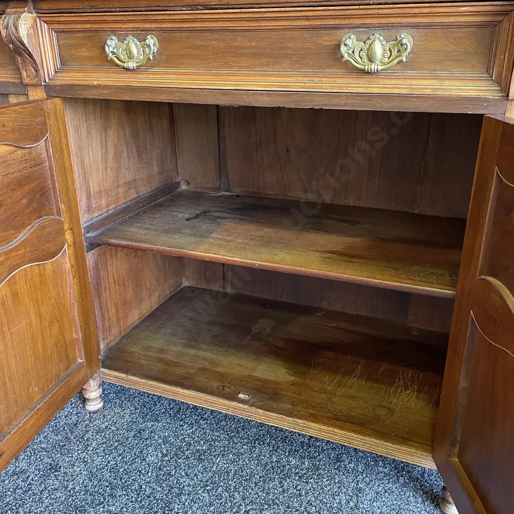 Stunning Antique Solid Wood 3 Drawer 4 Door Buffet/Sideboard. Ornately carved, brass handles with Key Image 1++