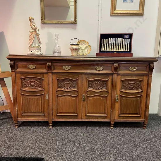 Stunning Antique Solid Wood 3 Drawer 4 Door Buffet/Sideboard. Ornately carved, brass handles with Key