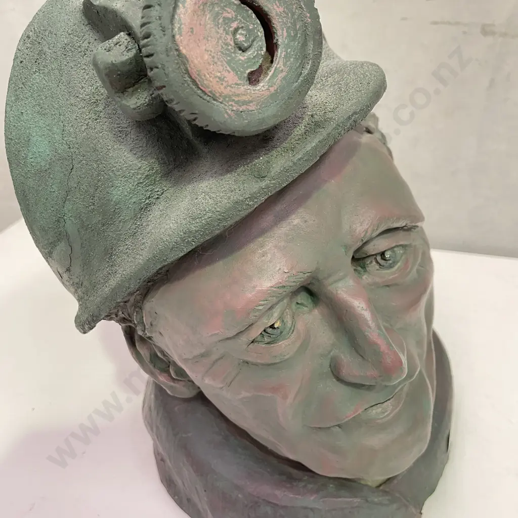 Awesome Sculpture of Miner's Bust/Head. Heavy, intricate detail. Signed as shown. H33cm W24cm D24cm Image 1++