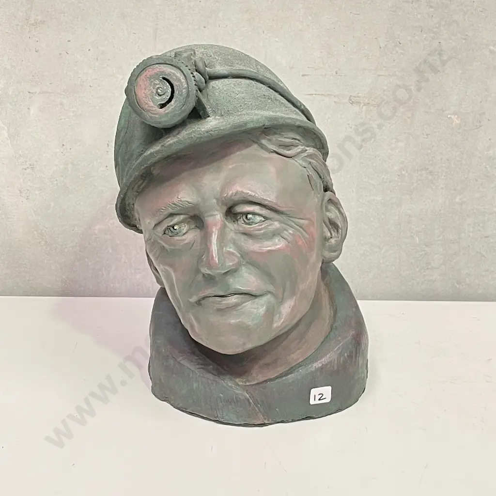 Awesome Sculpture of Miner's Bust/Head. Heavy, intricate detail. Signed as shown. H33cm W24cm D24cm Image 1++