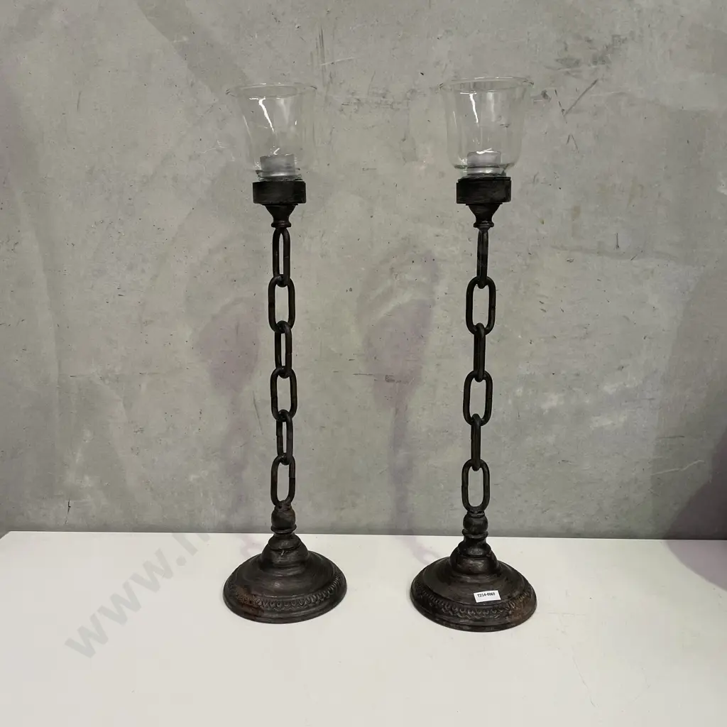 Pair Chain Stemed Metal Candlesticks with Glass tops, H61cm Image 1++