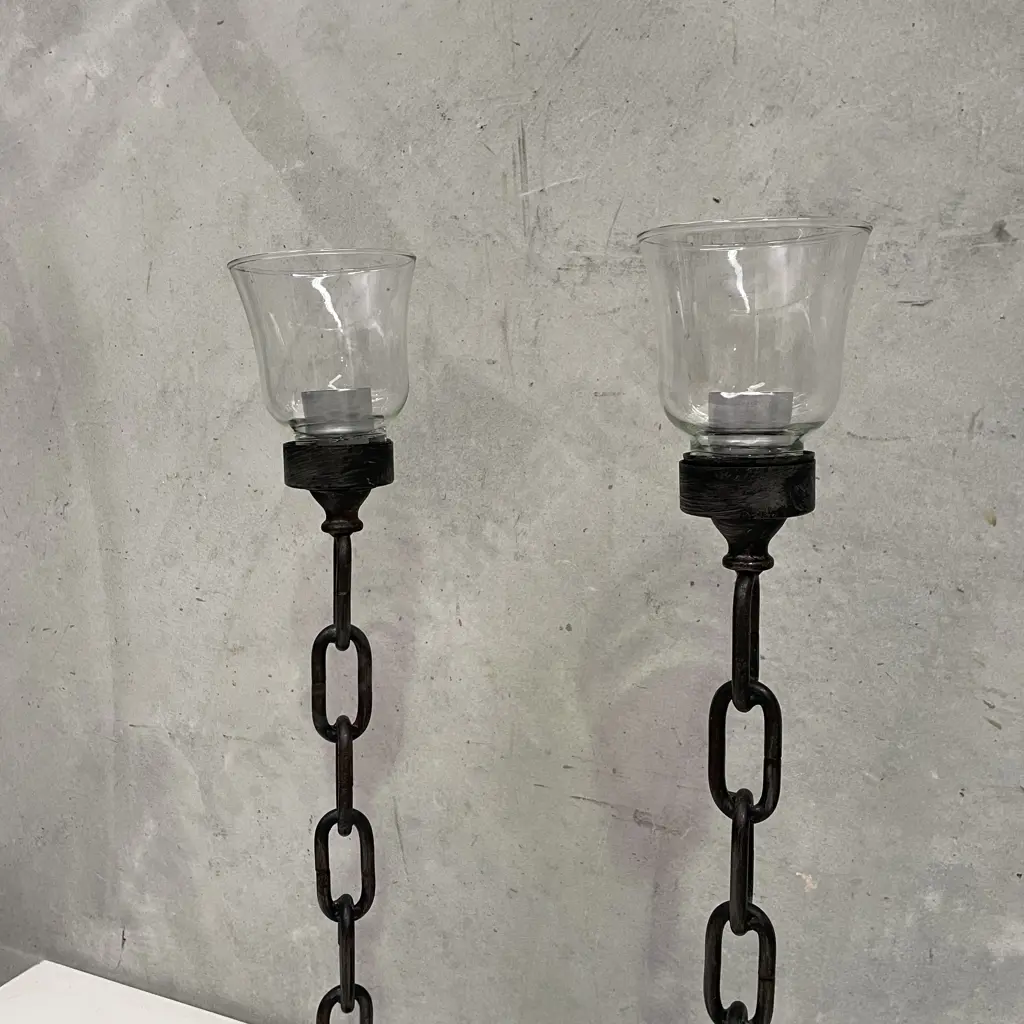 Pair Chain Stemed Metal Candlesticks with Glass tops, H61cm Image 1++