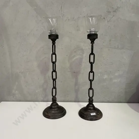 Pair Chain Stemed Metal Candlesticks with Glass tops, H61cm
