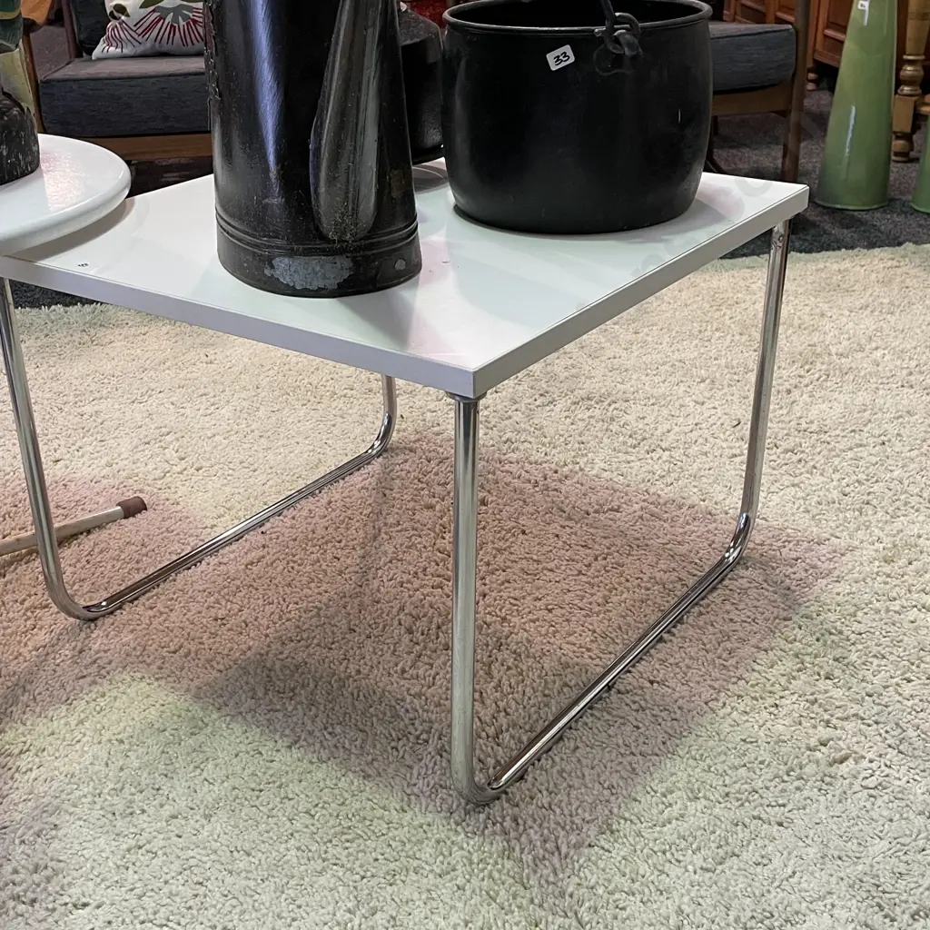 Modernist Table. White top with arched chrome legs. Top 60cm Square, H45cm Image 1++
