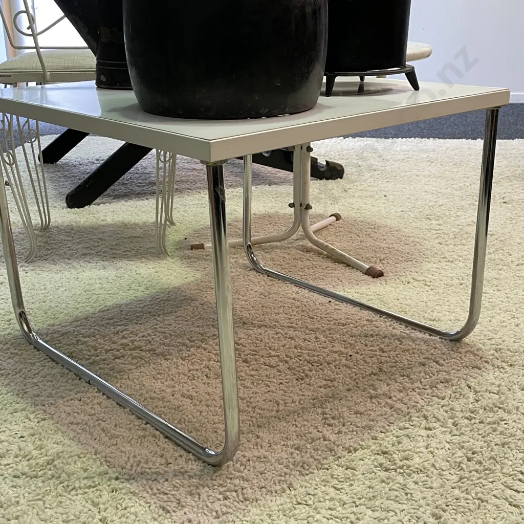 Modernist Table. White top with arched chrome legs. Top 60cm Square, H45cm Image 1++