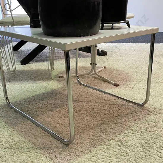 Modernist Table. White top with arched chrome legs. Top 60cm Square, H45cm