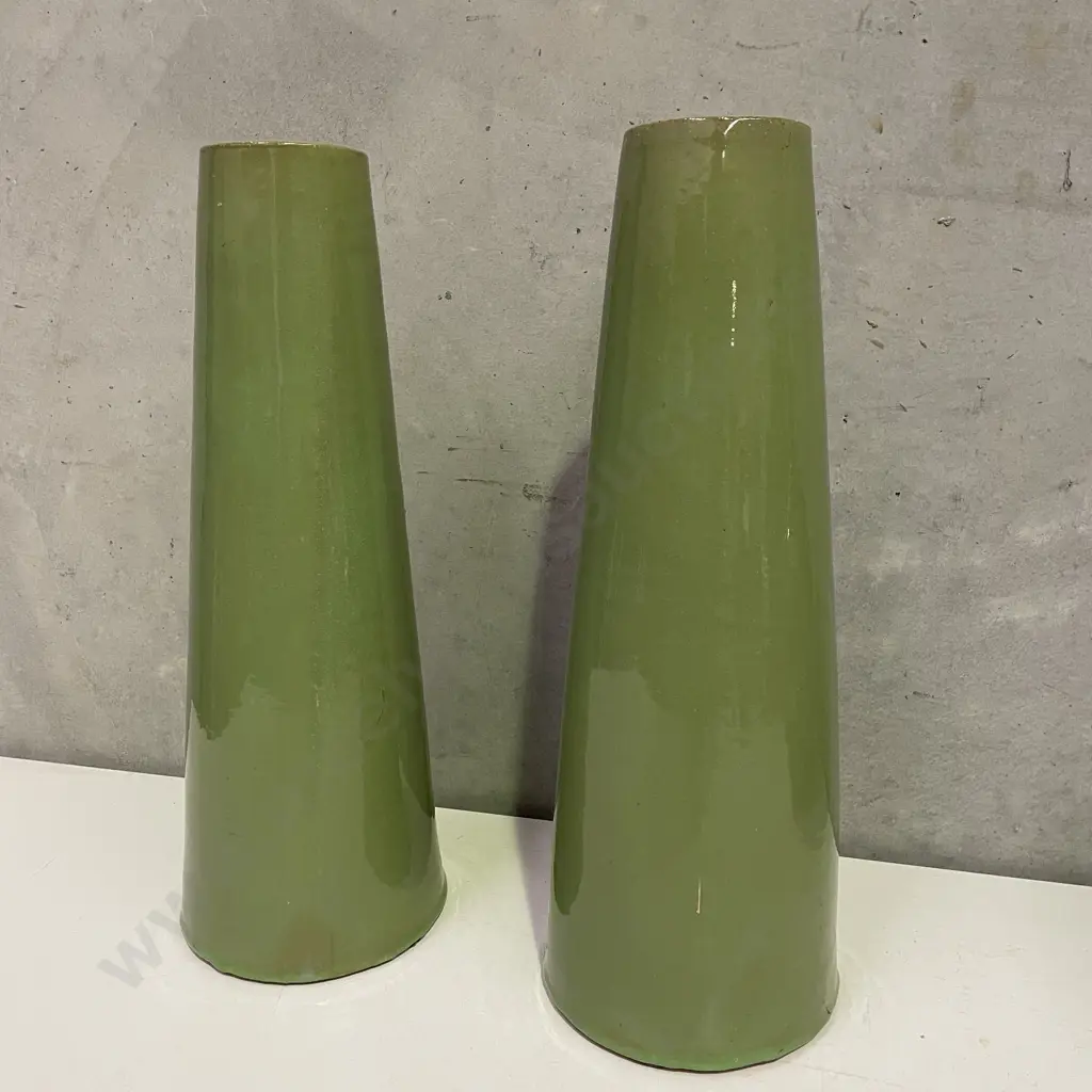 Pair of Sage Green Glazed Terracotta Cone Floor Vases. H45cm Image 1++