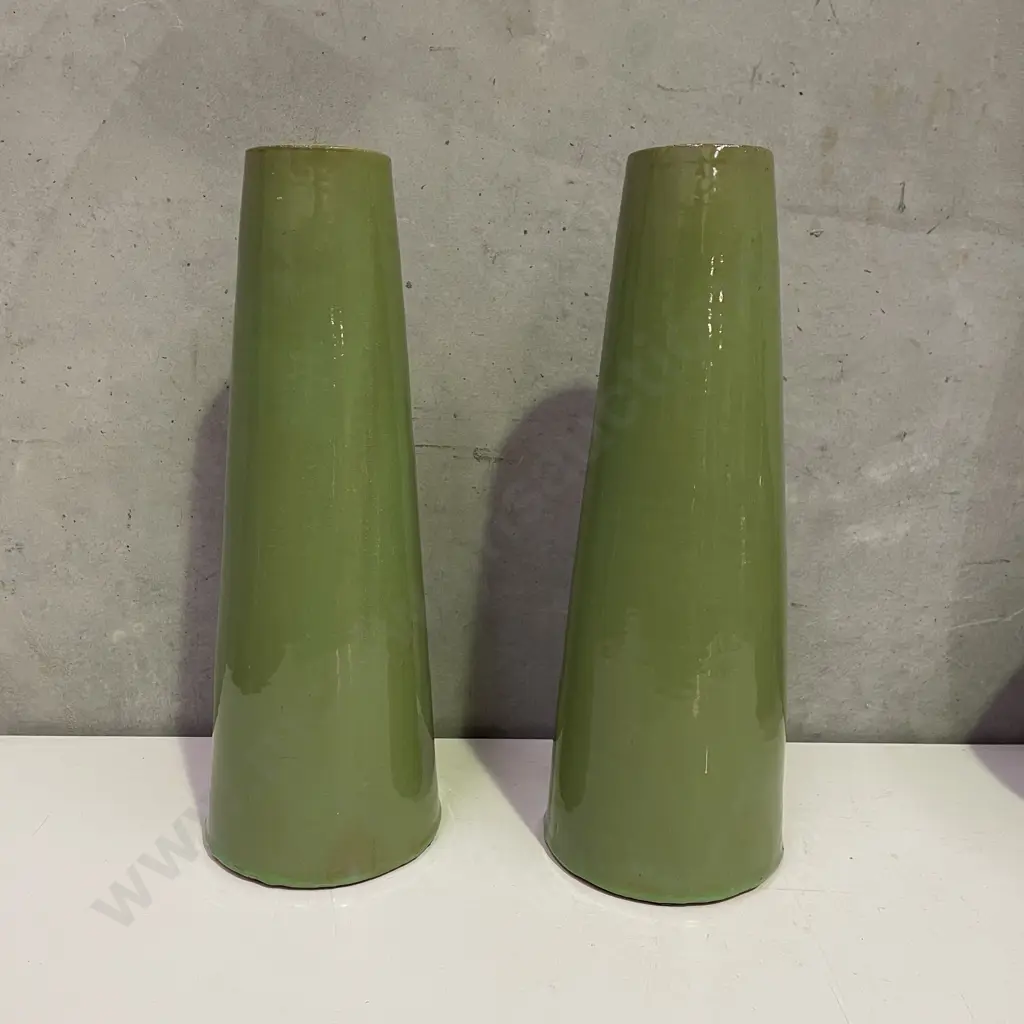 Pair of Sage Green Glazed Terracotta Cone Floor Vases. H45cm Image 1++