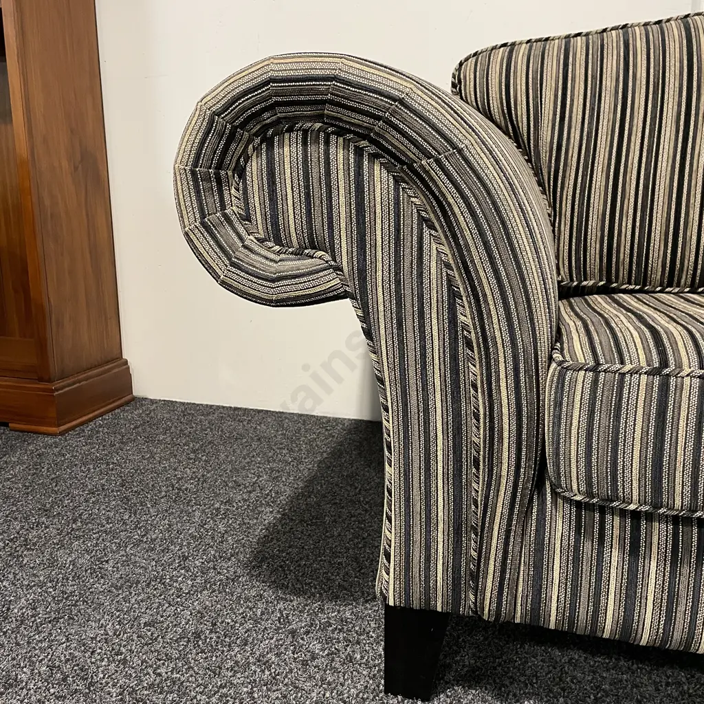 Beautiful 2 Seater Rolled Arm Couch, Albion Design, Quality Striped Fabric, Excellent Condition Image 1++