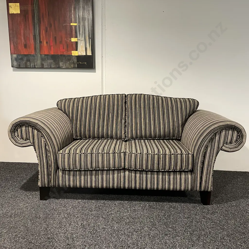 Beautiful 2 Seater Rolled Arm Couch, Albion Design, Quality Striped Fabric, Excellent Condition Image 1++