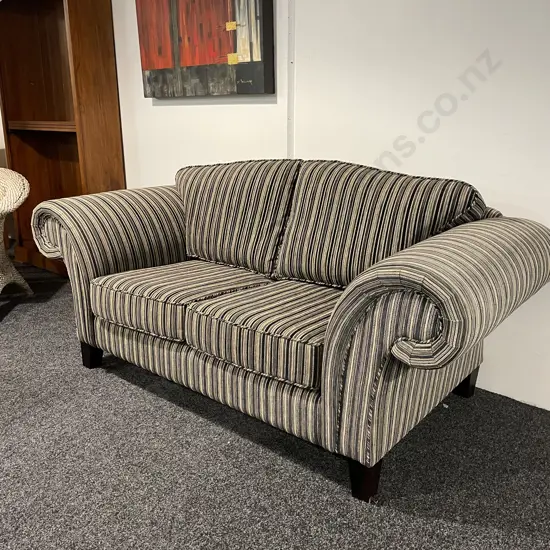 Beautiful 2 Seater Rolled Arm Couch, Albion Design, Quality Striped Fabric, Excellent Condition