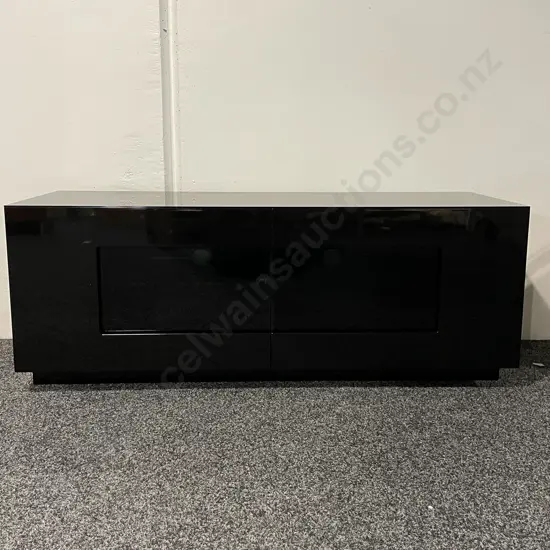 Modernist Quality High Gloss Black Laquered Entertainment Unit. Glass Inserts and Shelves