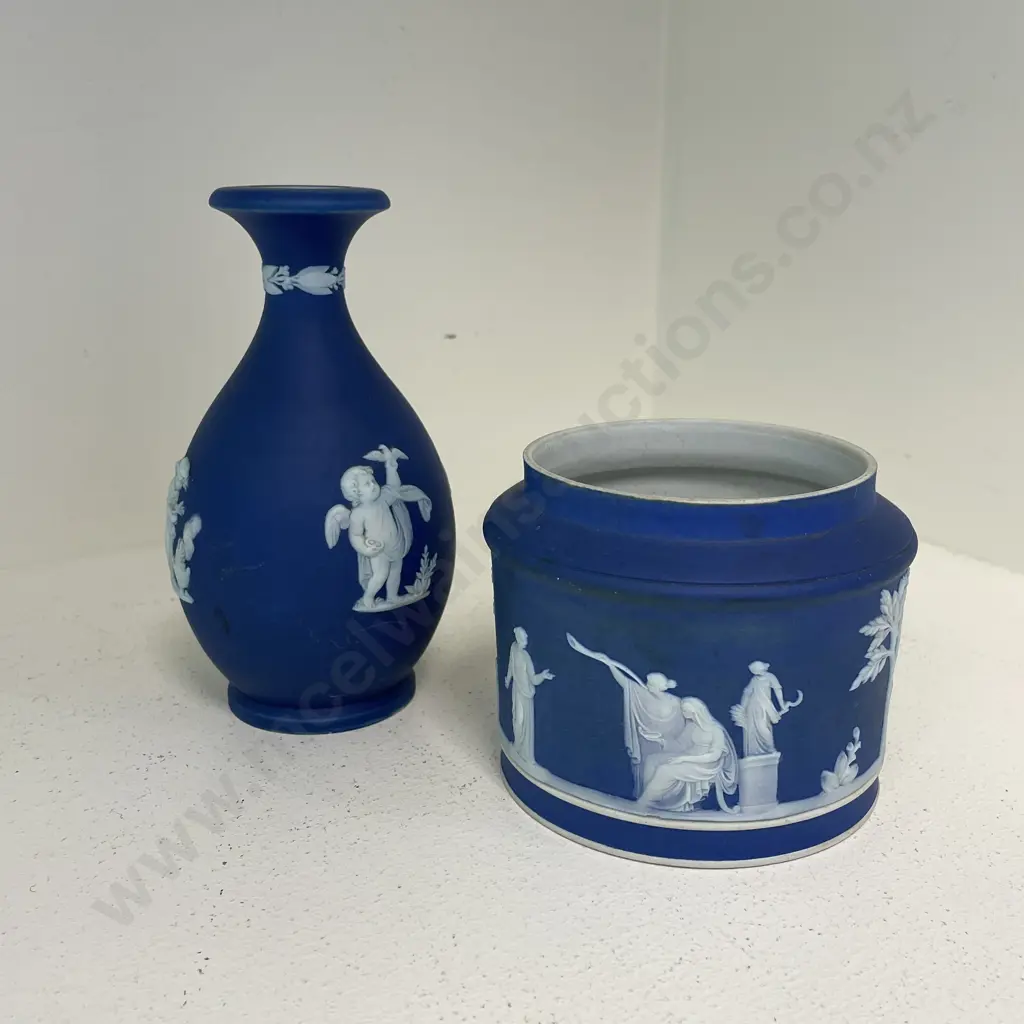 Early Wedgwood Dark Blue Jasperware Vase and Cannister Image 1++