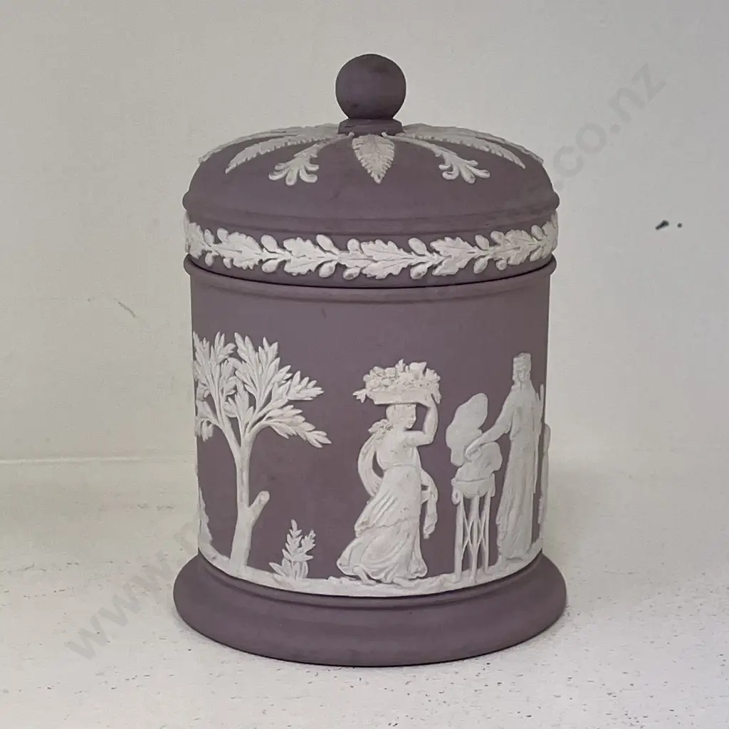 Wedgwood Jasperware Mauve coloured Lidded Cannister. H11.5cm Image 1++