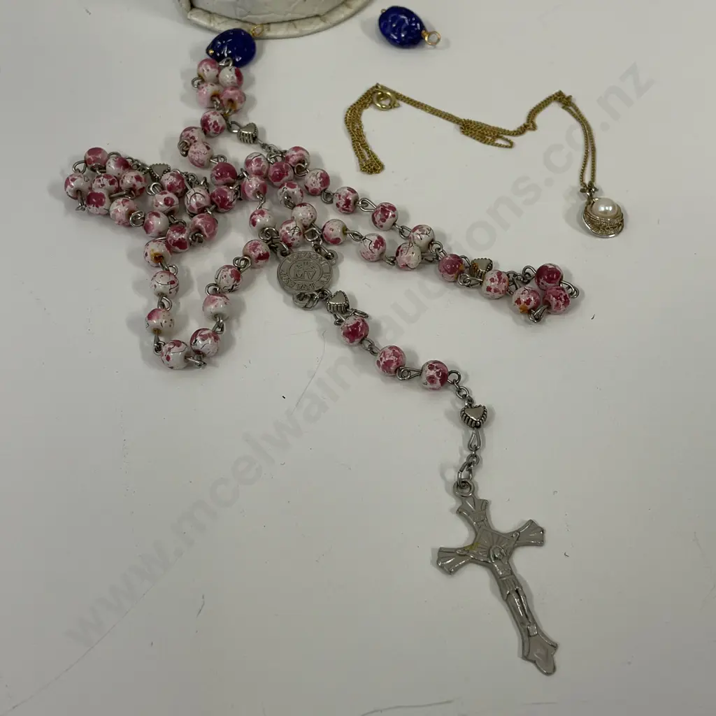 Rosary Beads with necklace with pearl like pendant and 2 blue beads. In Religious themed purse Image 1++