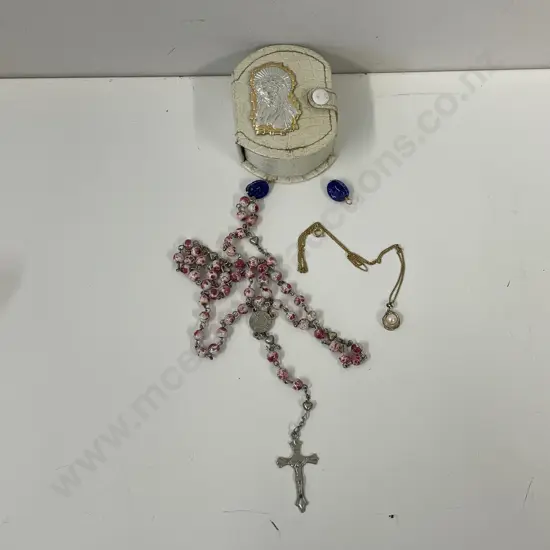 Rosary Beads with necklace with pearl like pendant and 2 blue beads. In Religious themed purse