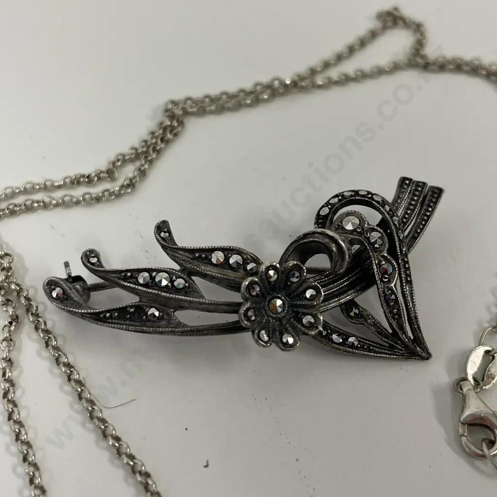 Vintage Sterling Silver Marcasite Brooch with Sterling Silver Necklace Image 1++
