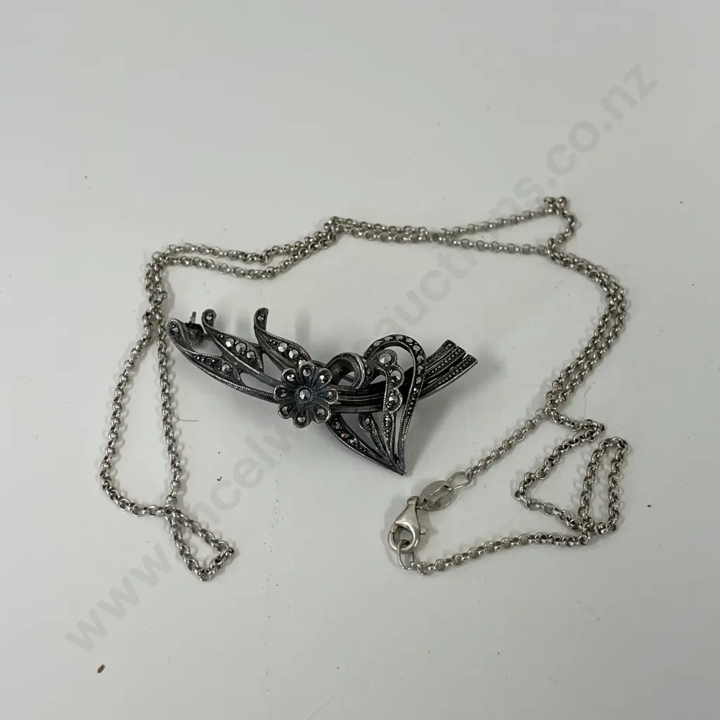 Vintage Sterling Silver Marcasite Brooch with Sterling Silver Necklace Image 1++