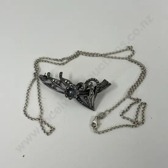 Vintage Sterling Silver Marcasite Brooch with Sterling Silver Necklace
