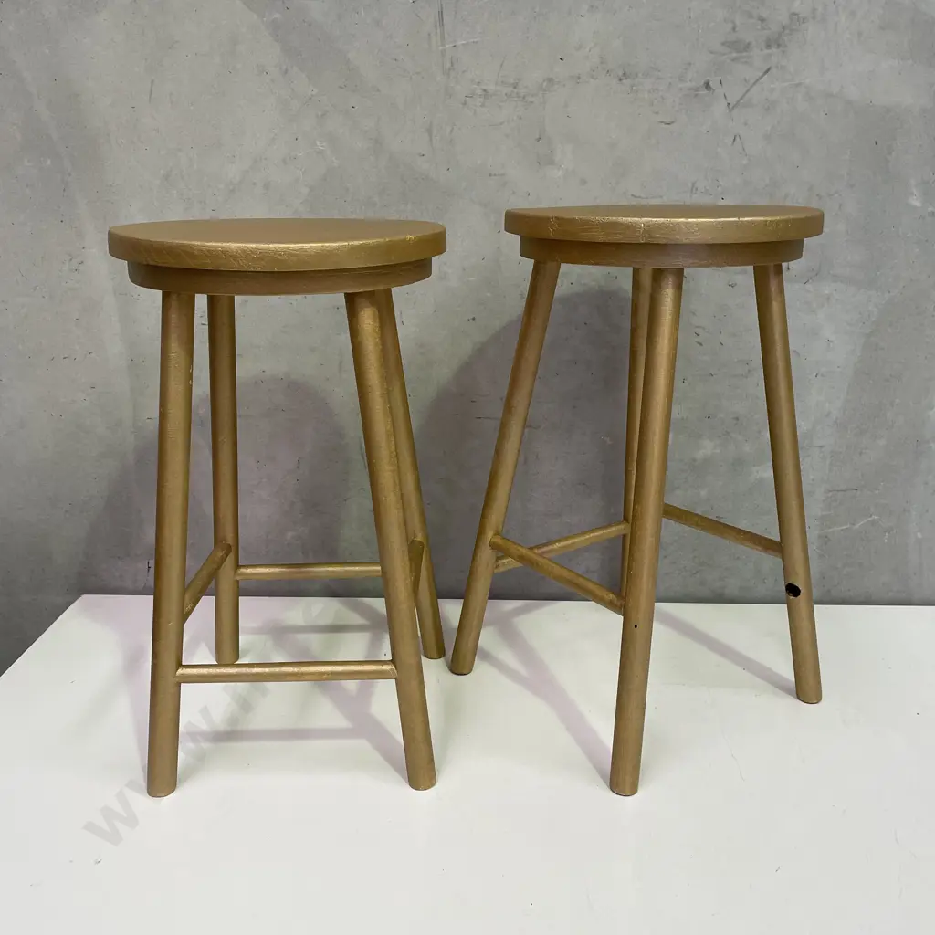Pair Gold Painted Wooden Stools, H50cm Image 1++
