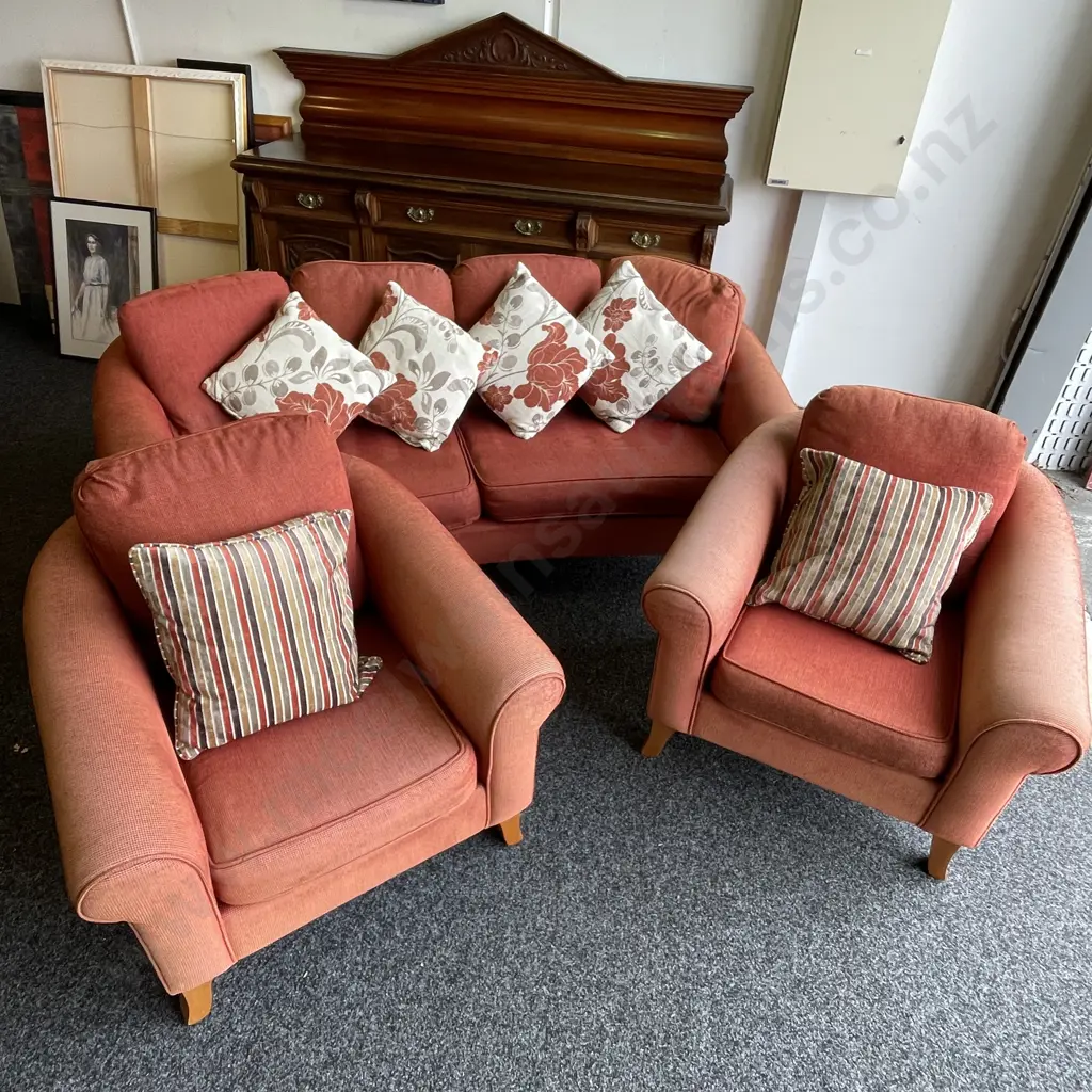 Quality made Rolled Arm 3 Piece Lounge Suite. Excellent condition but sun faded. Comes with several scatter cushions Image 1++