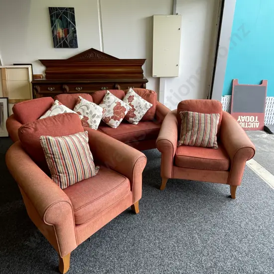 Quality made Rolled Arm 3 Piece Lounge Suite. Excellent condition but sun faded. Comes with several scatter cushions