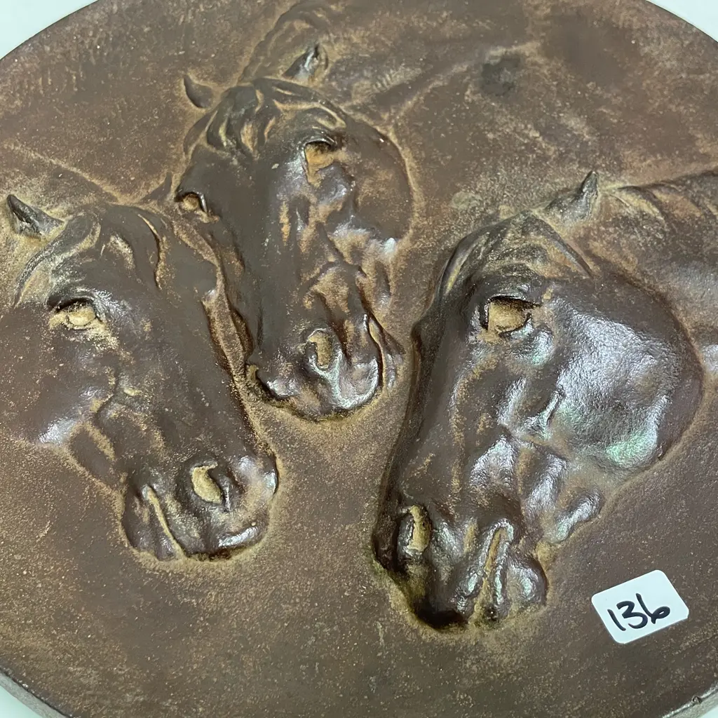 Vintage Signed Moulded Bronze? Wall Plaque of Horses. Signed as shown. Dia 35cm Image 1++