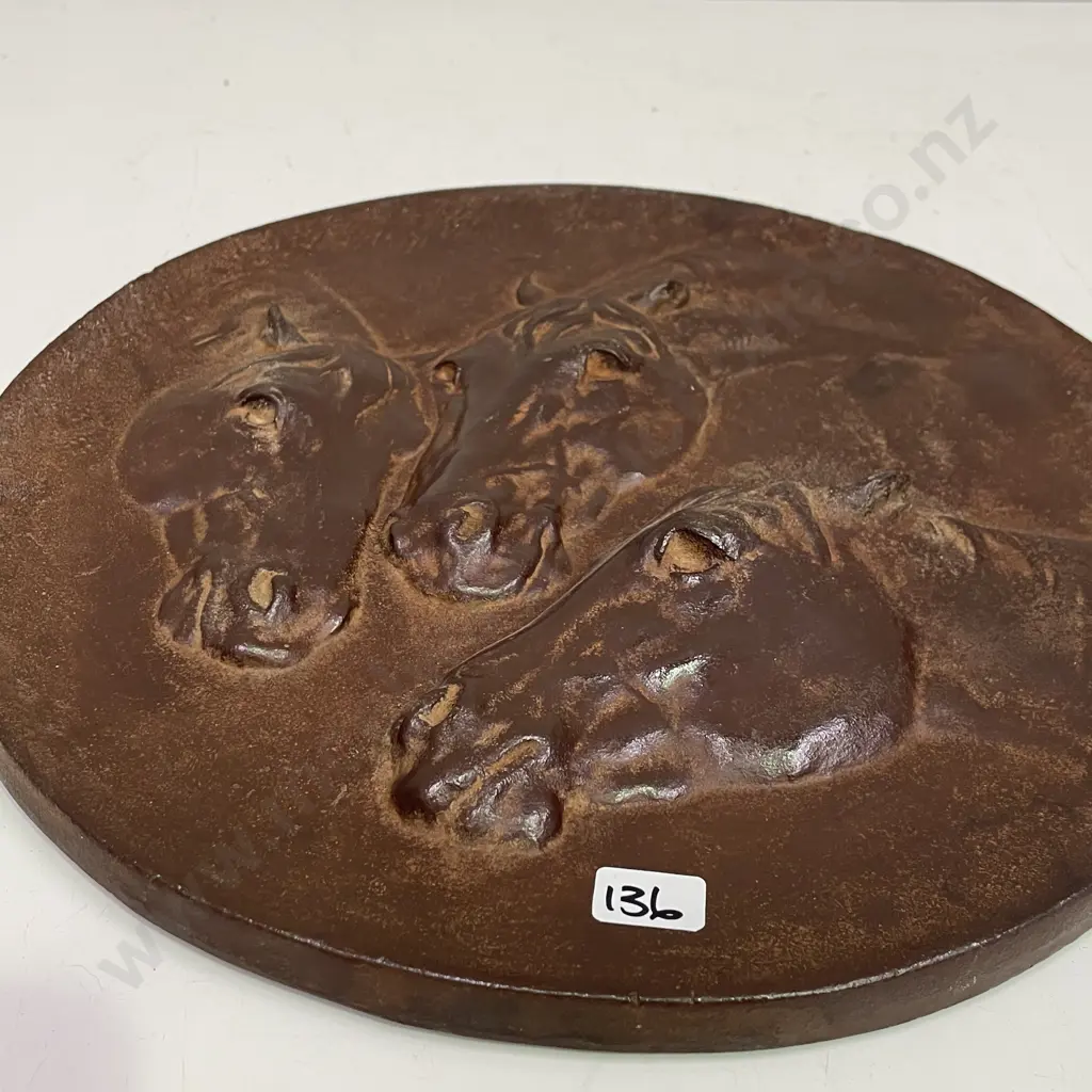 Vintage Signed Moulded Bronze? Wall Plaque of Horses. Signed as shown. Dia 35cm Image 1++