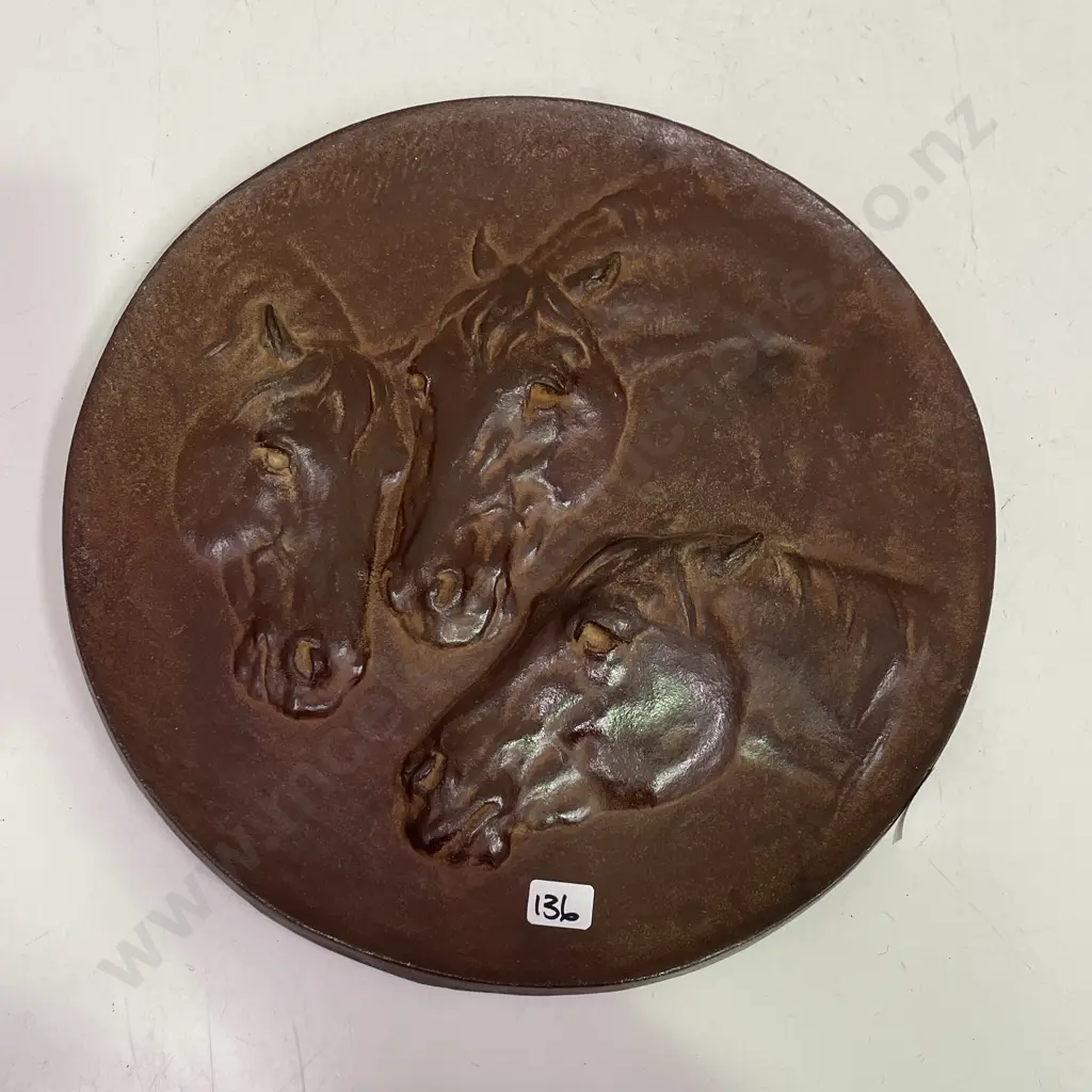 Vintage Signed Moulded Bronze? Wall Plaque of Horses. Signed as shown. Dia 35cm Image 1++