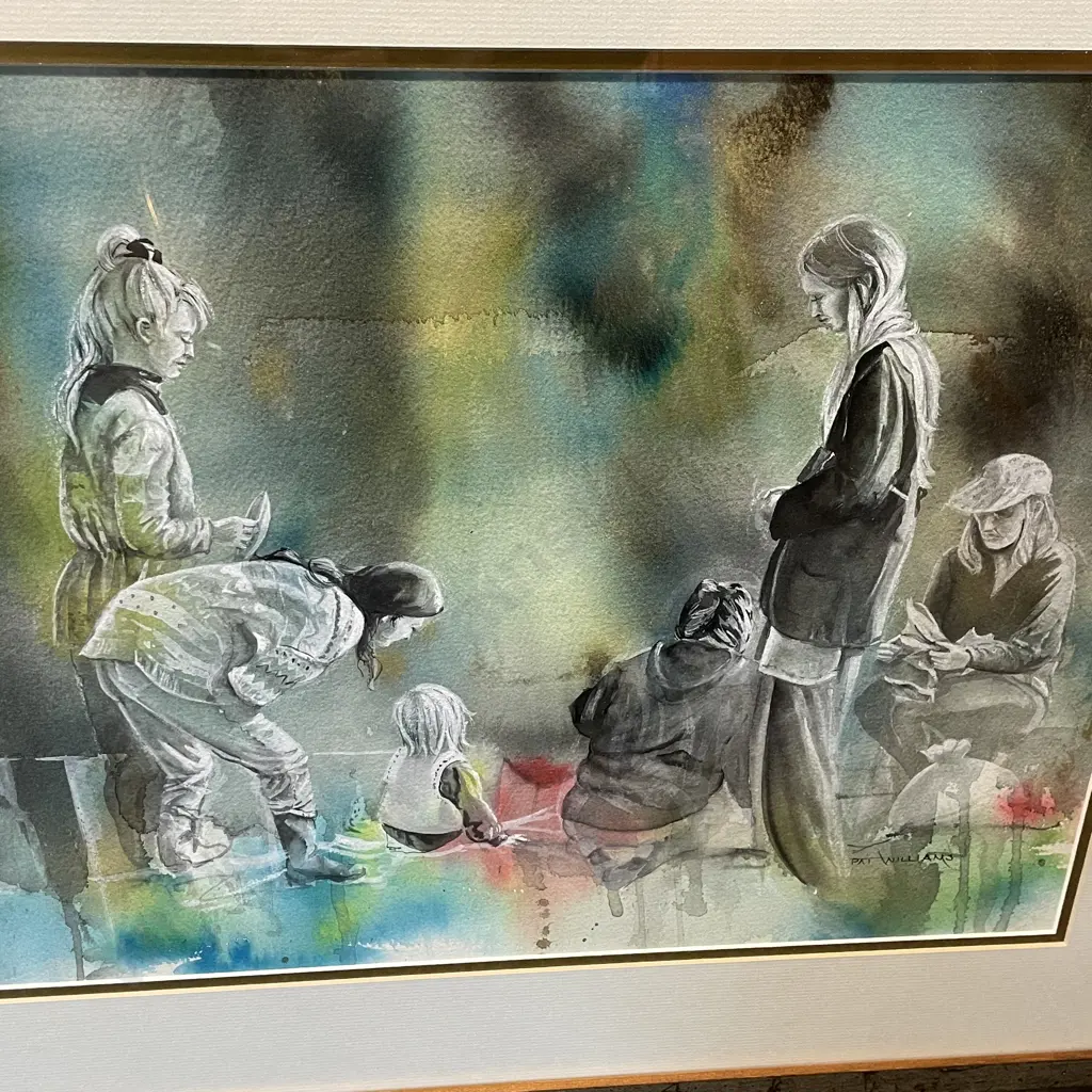 Framed Original Ink Watercolour Artwork signed Pat Williams "Waiheke Flea Market" 75 x 60cm Image 1++