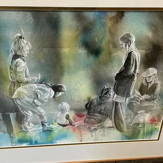 Framed Original Ink Watercolour Artwork signed Pat Williams "Waiheke Flea Market" 75 x 60cm