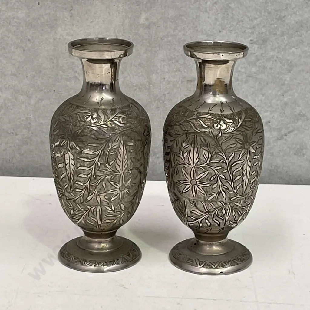 Pair of Indian Silver Vases with etched floral decoration. H13cm Image 1++