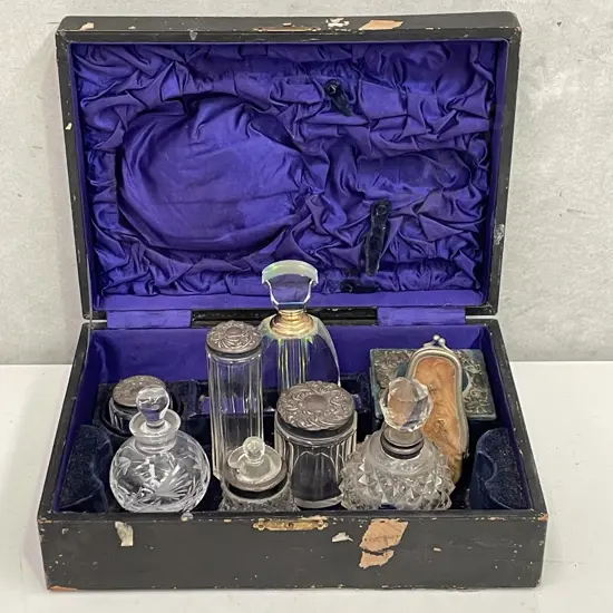 Antique Box with assorted Pots and Bottles etc (some sterling silver Hallmarks)
