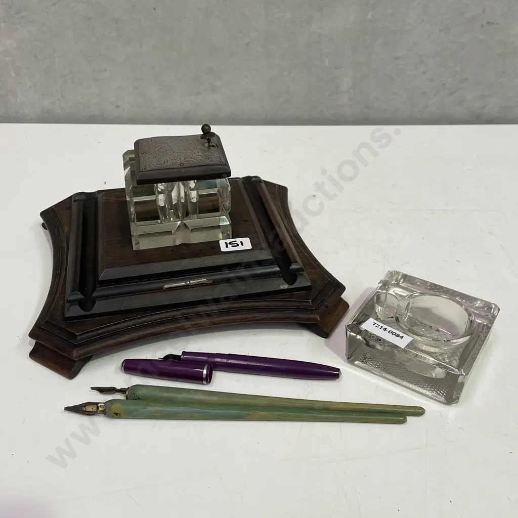 Antique Inkwell with Sterling Top, with 2 Vintage Fountain pens and 1 other. Image 1++