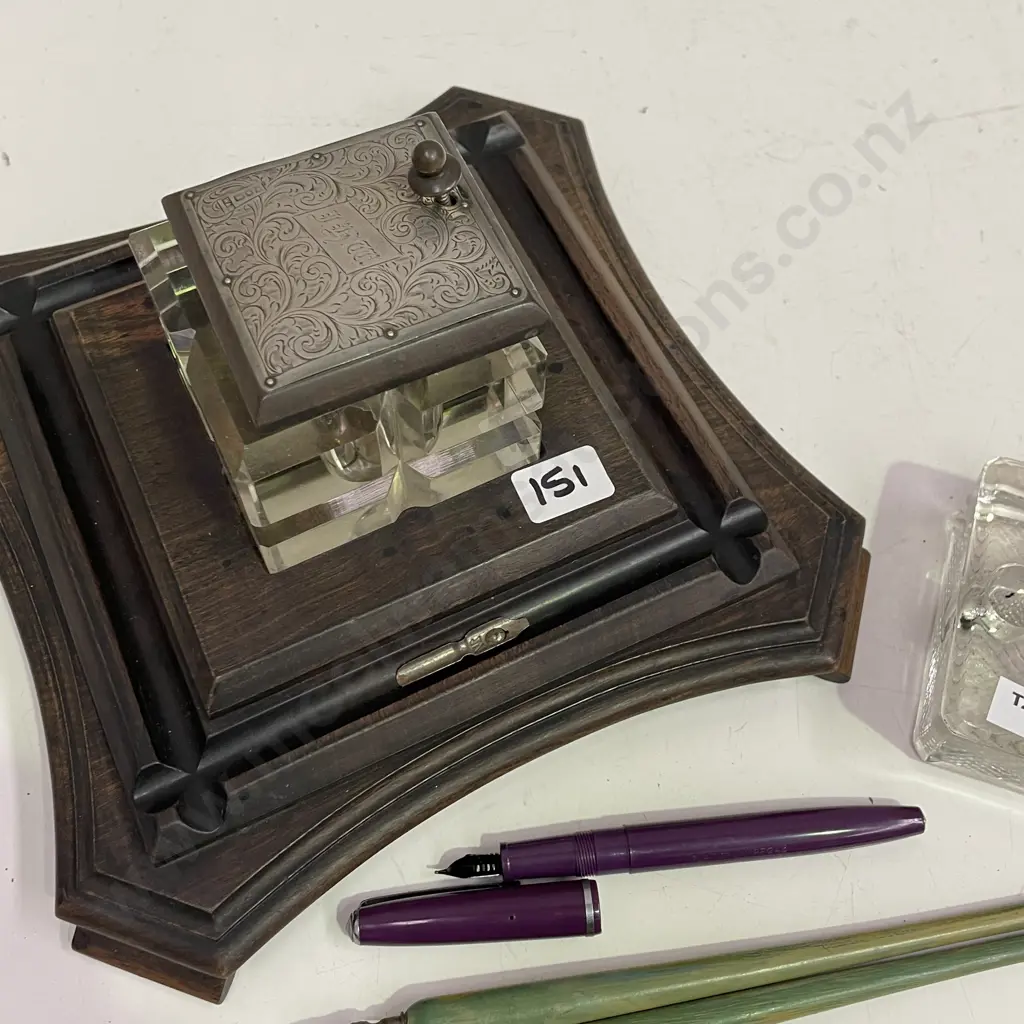 Antique Inkwell with Sterling Top, with 2 Vintage Fountain pens and 1 other. Image 1++